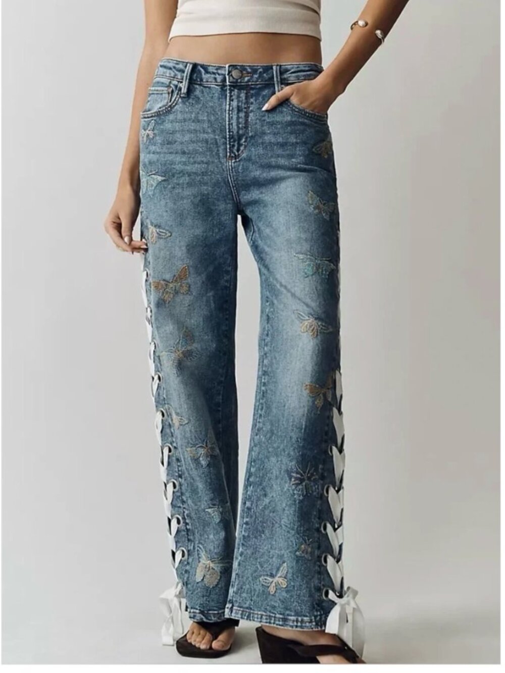 Anthropologie Driftwood NWOT Lacey High-Rise Wide-Leg Jeans Embroidery size 26
